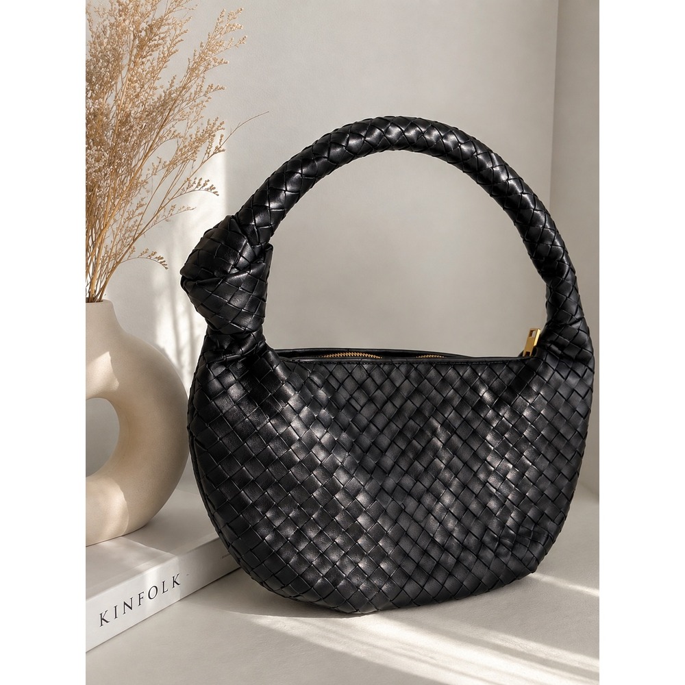 A New Day Woven Knot Handle Handbag Women Small Black Faux Leather Hobo Bag